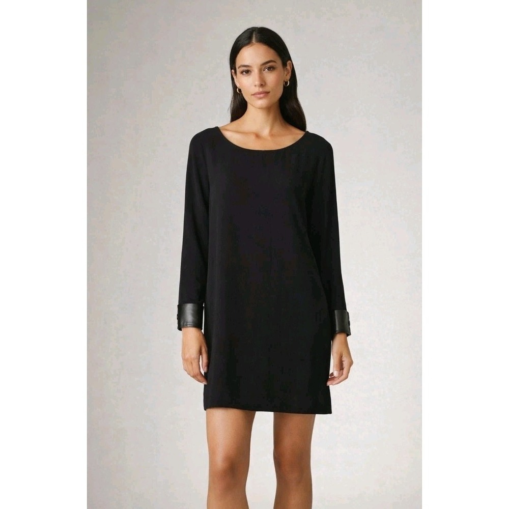 A.L.C. Black Shift Dress Leather Cuff Trim Long Sleeve Lagenlook Minimalist Sz 4